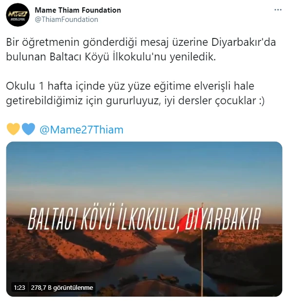 Mame Thiam, Diyarbakır'daki Baltacı Köyü İlkokulu'nu yenileyerek eğitime destek oldu